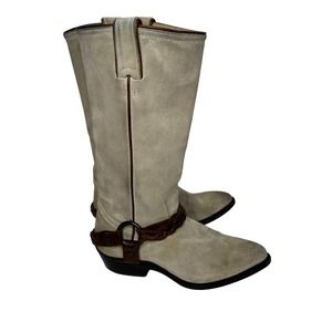 Frye Billy Boots Braided Harness Western Mid Calf Moto  Suede Leather Beige 8.5